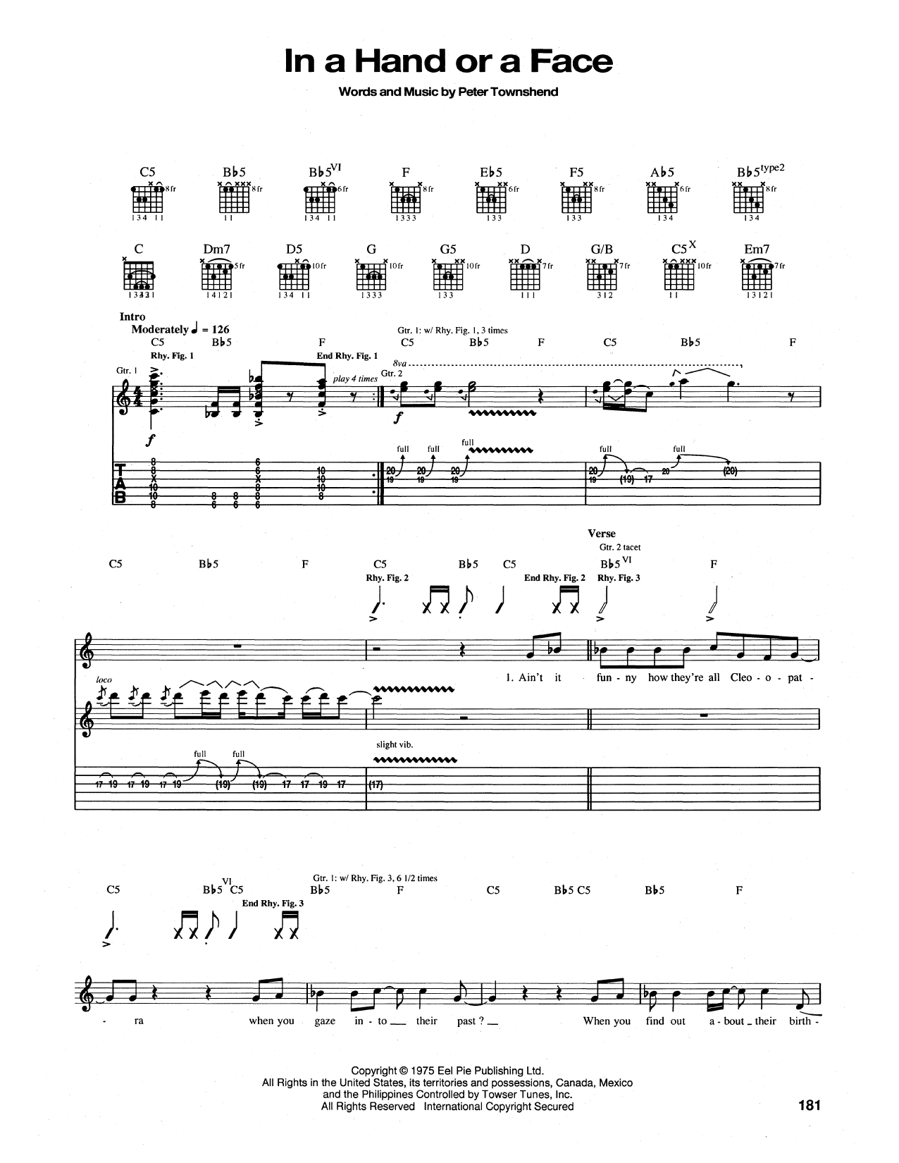 The Who In A Hand Or A Face sheet music notes and chords arranged for Guitar Tab