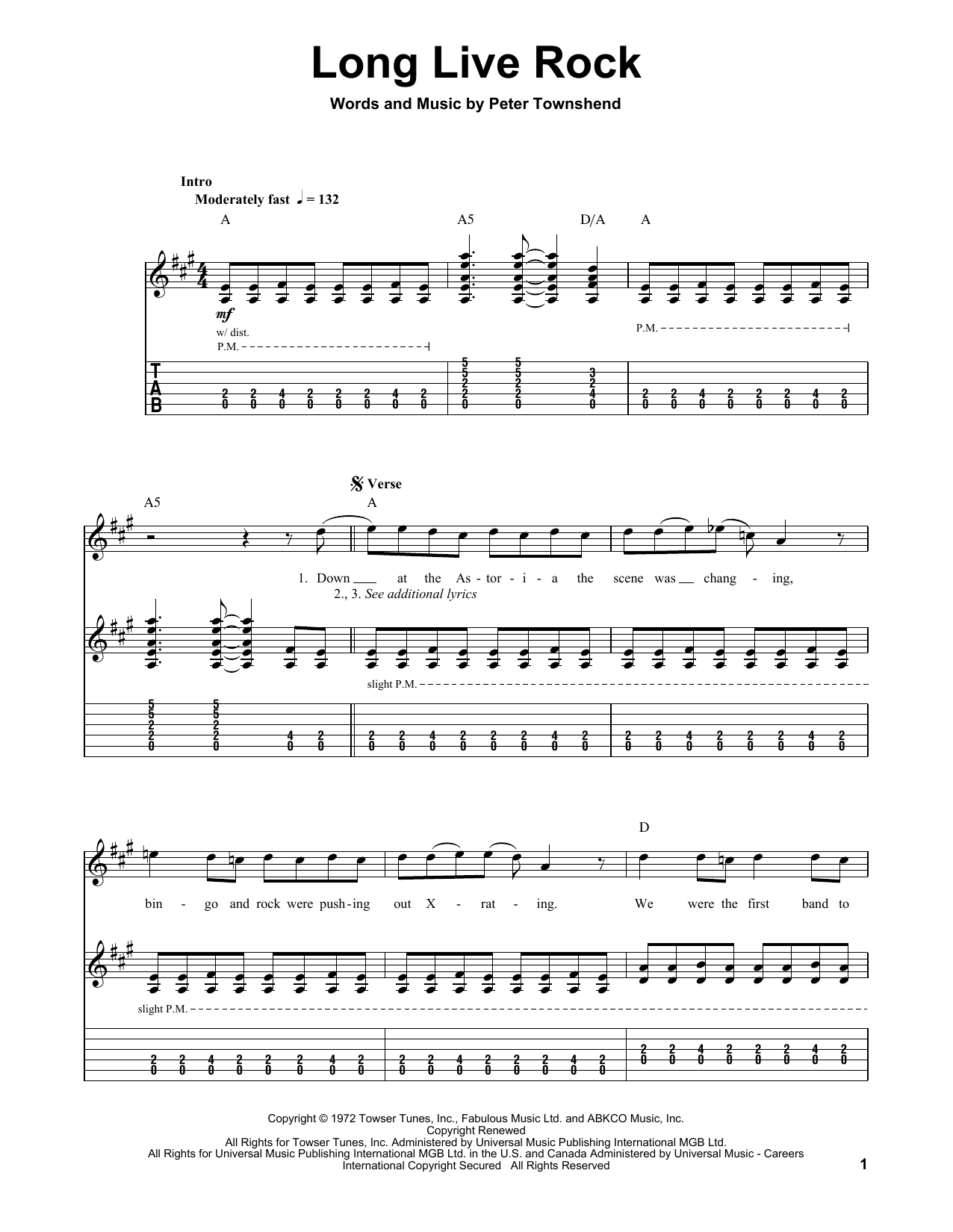 The Who Long Live Rock sheet music notes and chords arranged for Piano, Vocal & Guitar Chords (Right-Hand Melody)