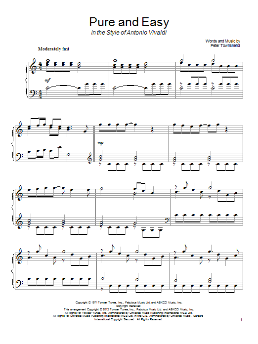 The Who Pure And Easy (in the style of Antonio Vivaldi) sheet music notes and chords arranged for Piano Solo