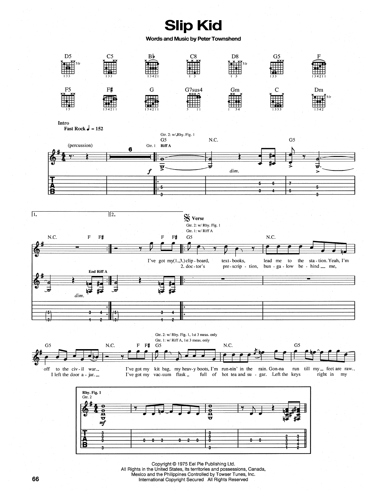 The Who Slip Kid sheet music notes and chords arranged for Piano, Vocal & Guitar Chords (Right-Hand Melody)