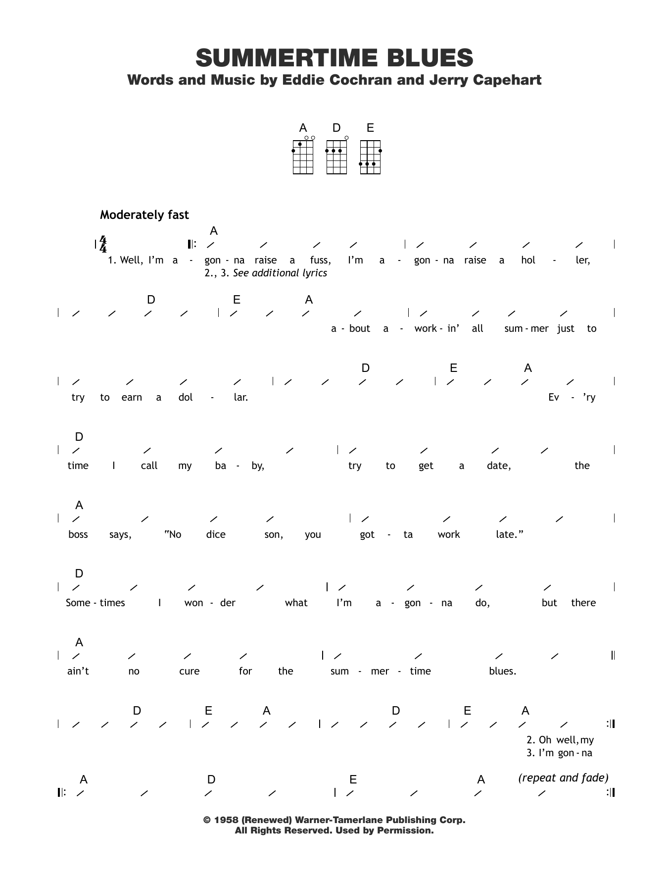 The Who Summertime Blues sheet music notes and chords arranged for Ukulele Chords/Lyrics