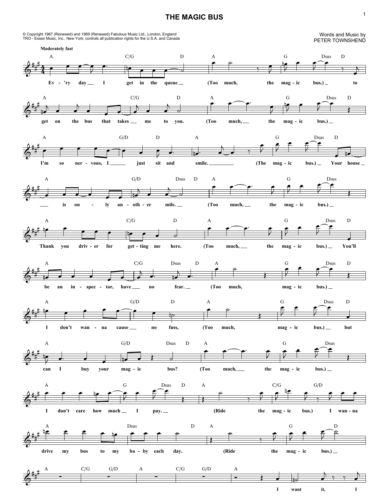 The Who The Magic Bus sheet music notes and chords arranged for Ukulele Chords/Lyrics