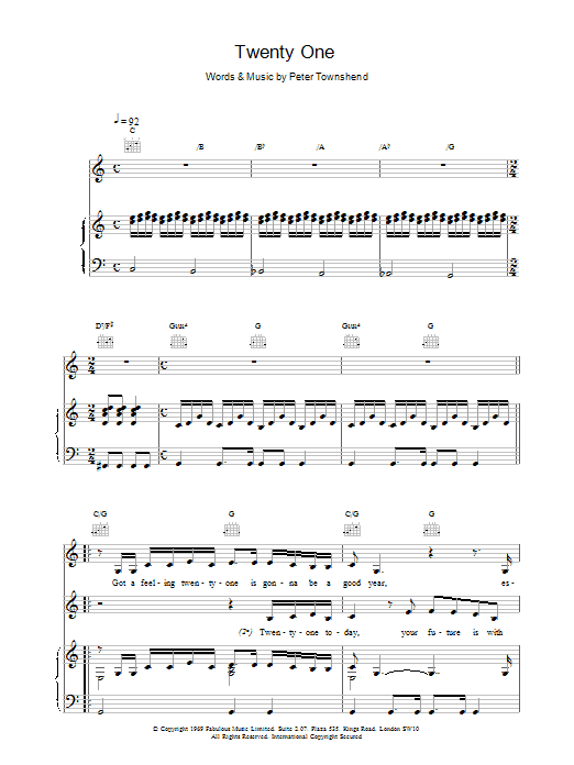 The Who Twenty One sheet music notes and chords arranged for Piano, Vocal & Guitar Chords