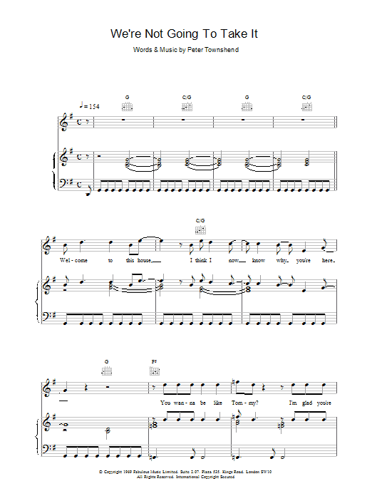 The Who We're Not Going To Take It sheet music notes and chords arranged for Piano, Vocal & Guitar Chords
