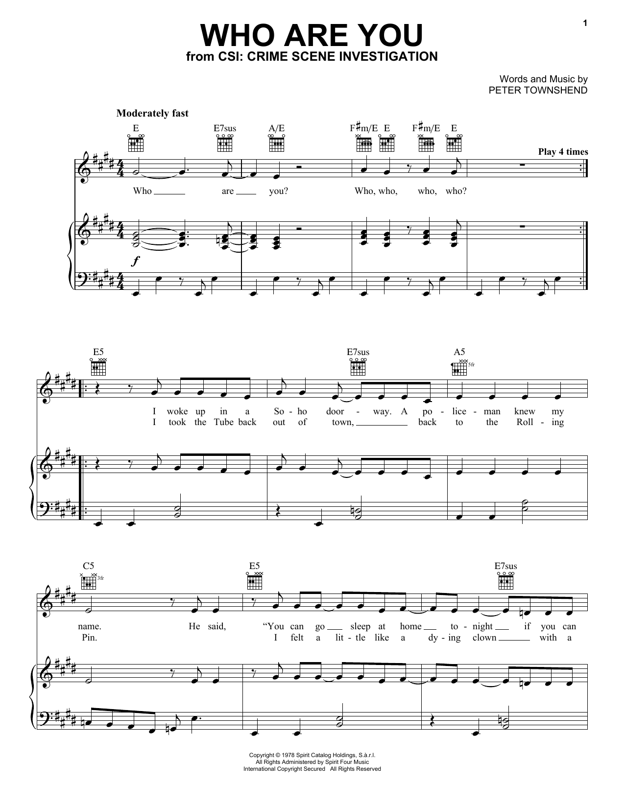 The Who Who Are You (from CSI: Crime Scene Investigation) sheet music notes and chords arranged for Piano, Vocal & Guitar Chords (Right-Hand Melody)