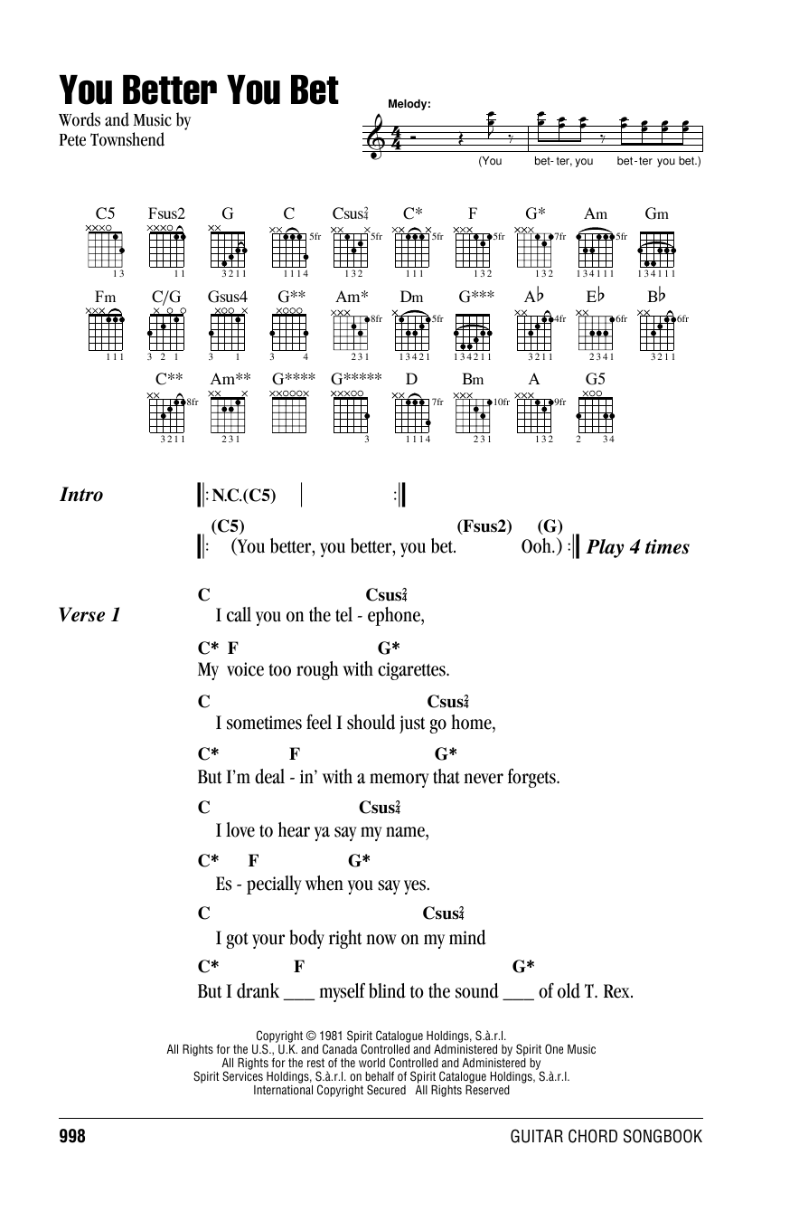 The Who You Better You Bet sheet music notes and chords arranged for Guitar Chords/Lyrics