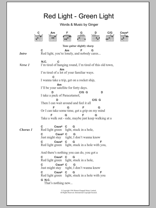The Wildhearts Red Light - Green Light sheet music notes and chords arranged for Guitar Chords/Lyrics