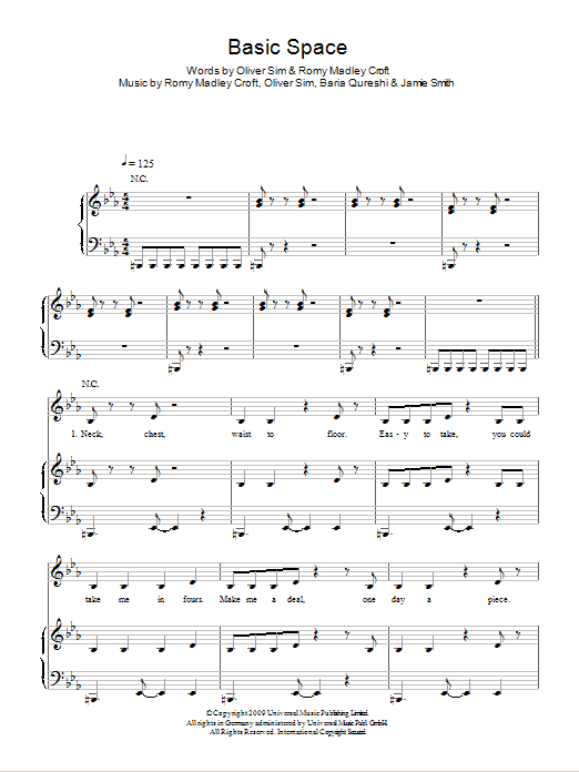 The XX Basic Space sheet music notes and chords arranged for Piano, Vocal & Guitar Chords