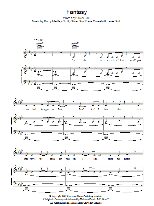 The XX Fantasy sheet music notes and chords arranged for Piano, Vocal & Guitar Chords