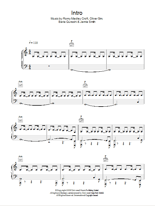 The XX Intro sheet music notes and chords arranged for Piano, Vocal & Guitar Chords
