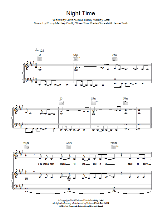 The XX Night Time sheet music notes and chords arranged for Piano, Vocal & Guitar Chords
