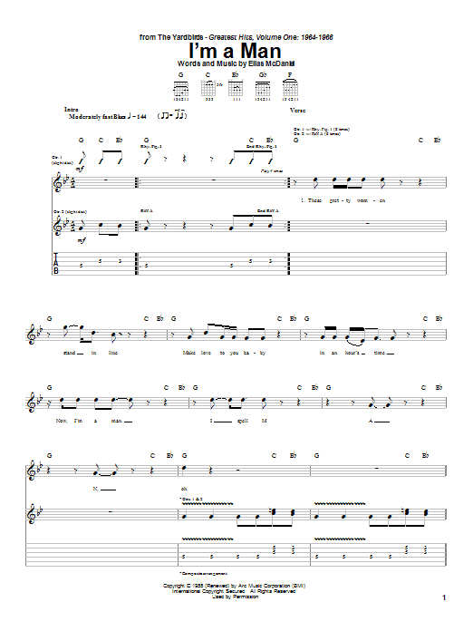 The Yardbirds I'm A Man sheet music notes and chords arranged for Easy Guitar Tab