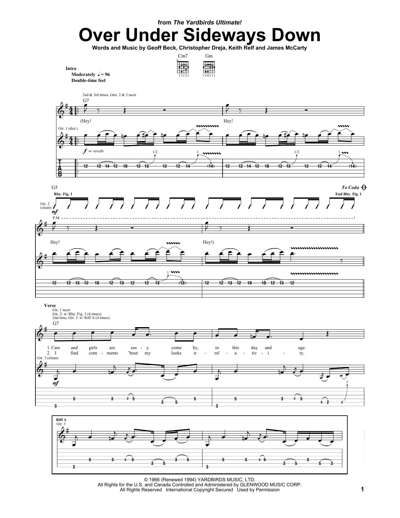 The Yardbirds Over Under Sideways Down sheet music notes and chords arranged for Guitar Tab