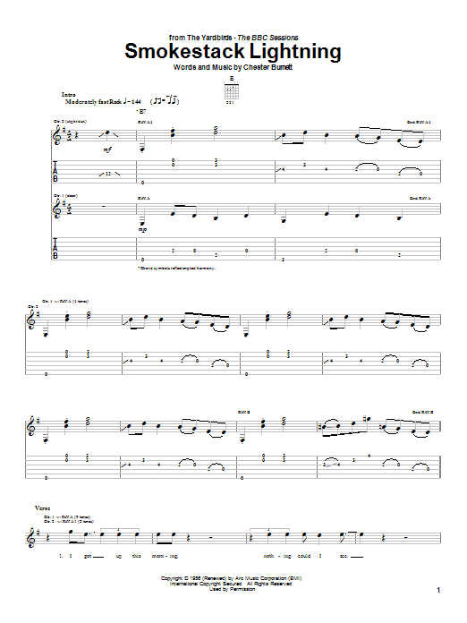 The Yardbirds Smokestack Lightning sheet music notes and chords arranged for Guitar Tab