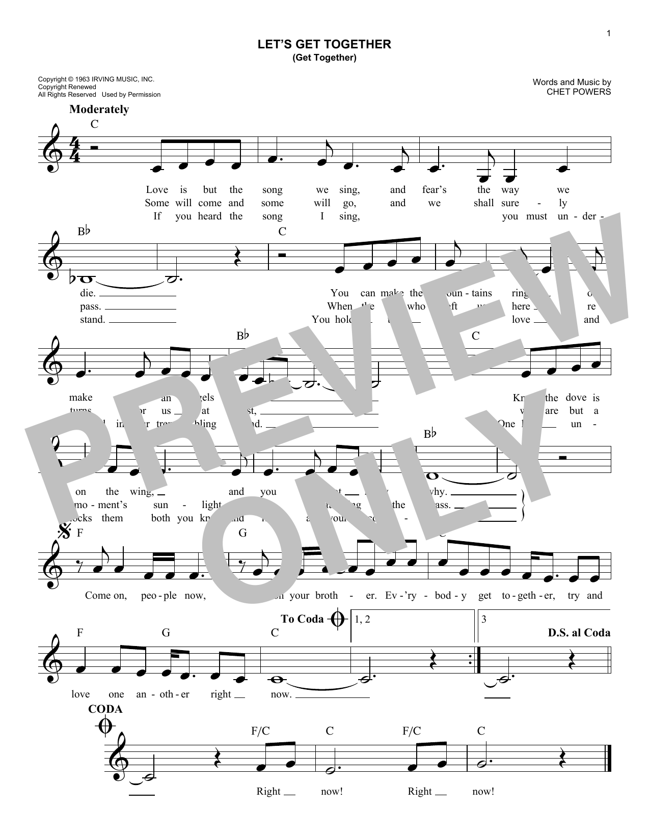 The Youngbloods Let's Get Together (Get Together) sheet music notes and chords arranged for Easy Lead Sheet / Fake Book