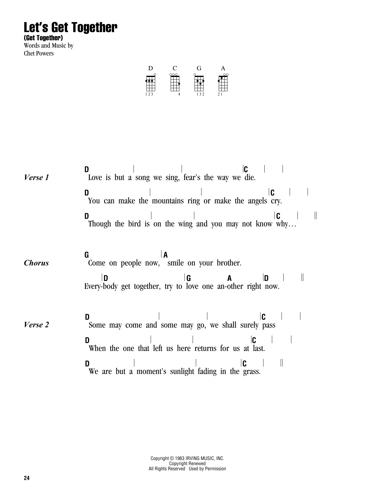 The Youngbloods Let's Get Together (Get Together) sheet music notes and chords arranged for Real Book – Melody, Lyrics & Chords