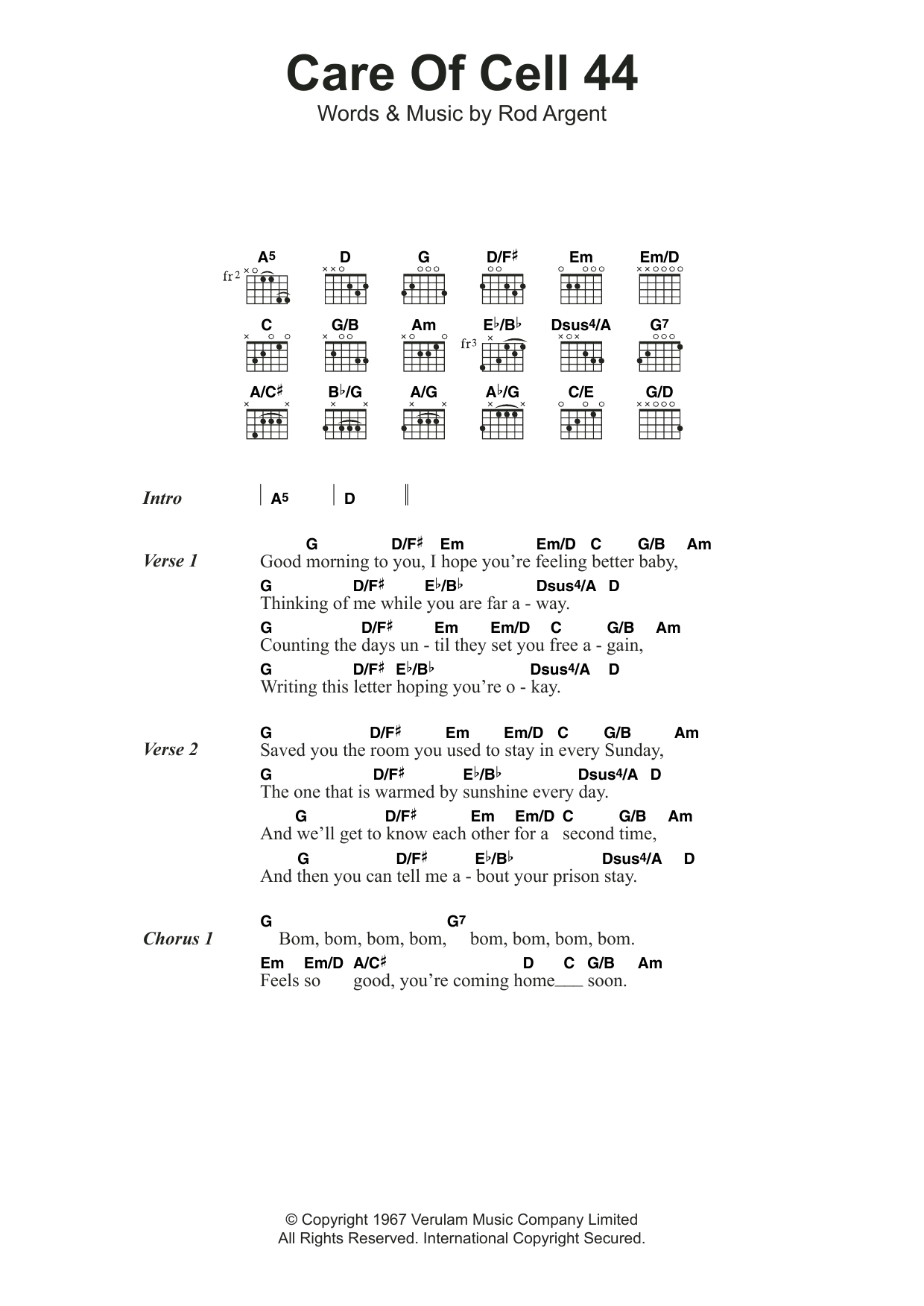The Zombies Care Of Cell 44 sheet music notes and chords arranged for Guitar Chords/Lyrics