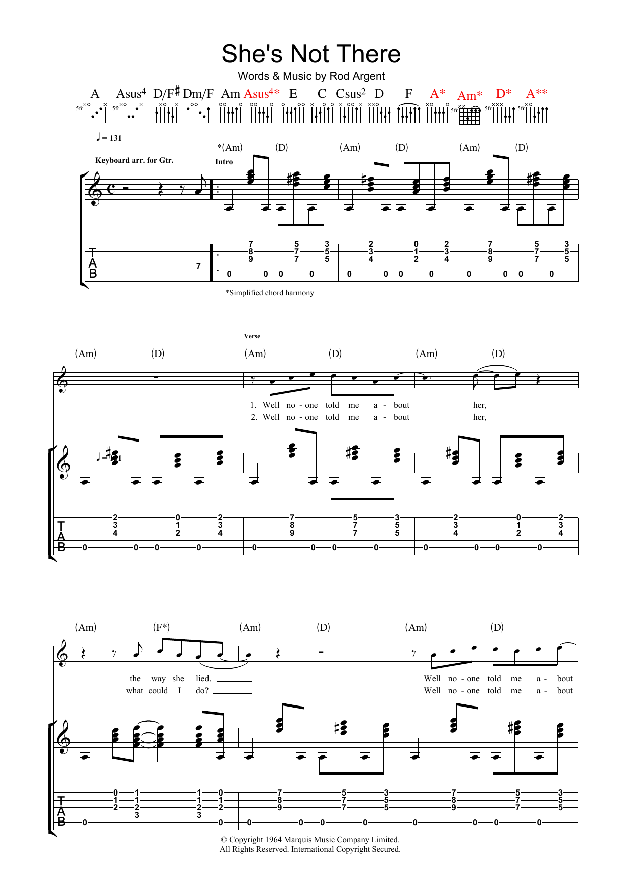 The Zombies She's Not There sheet music notes and chords arranged for Guitar Chords/Lyrics