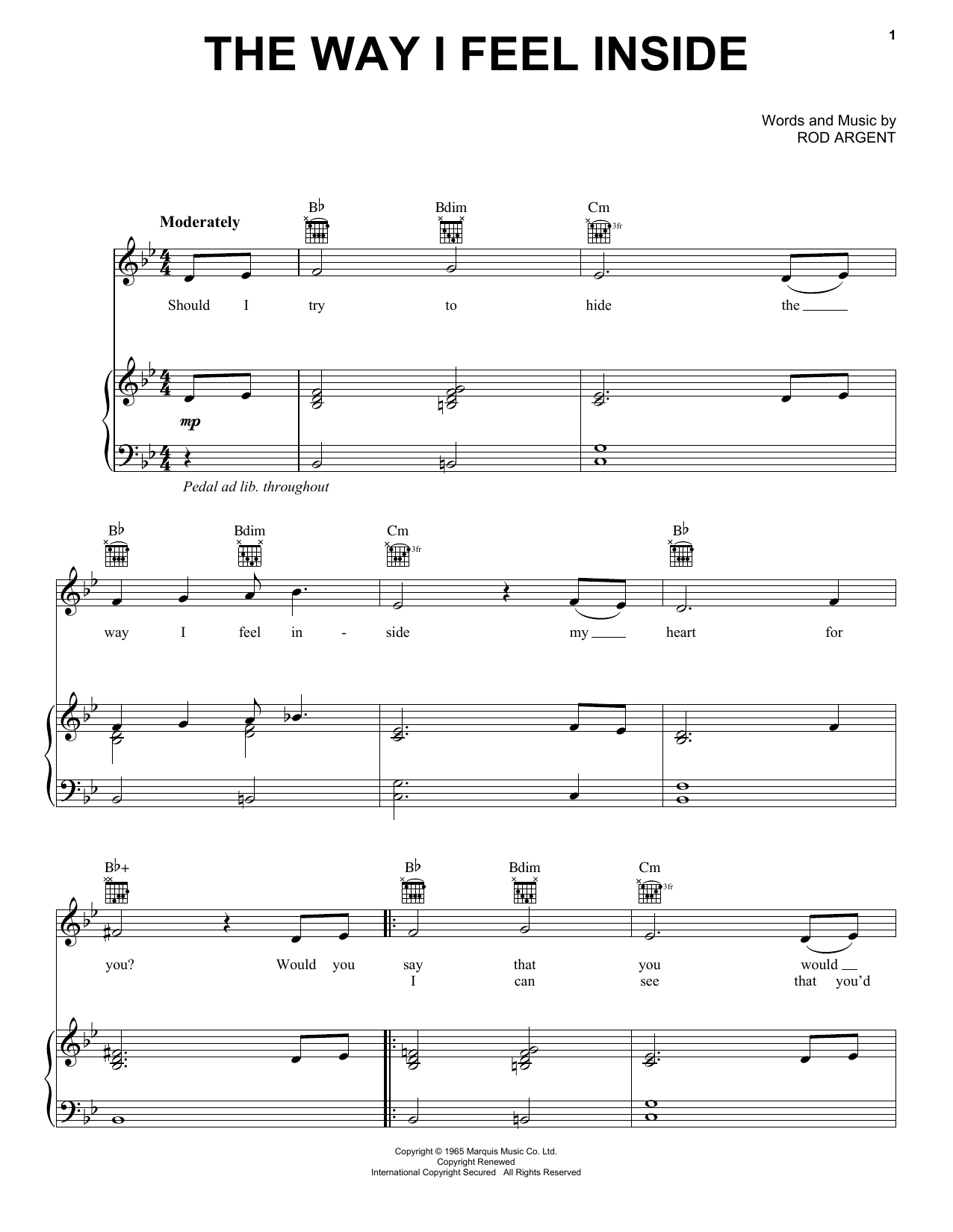 The Zombies The Way I Feel Inside sheet music notes and chords arranged for Piano, Vocal & Guitar Chords (Right-Hand Melody)