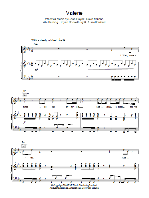 The Zutons Valerie sheet music notes and chords arranged for Piano, Vocal & Guitar Chords