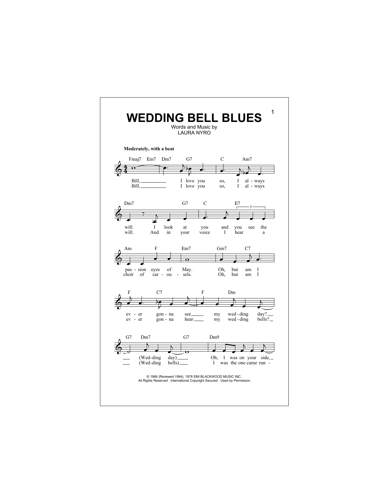 The 5th Dimension Wedding Bell Blues sheet music notes and chords arranged for Lead Sheet / Fake Book