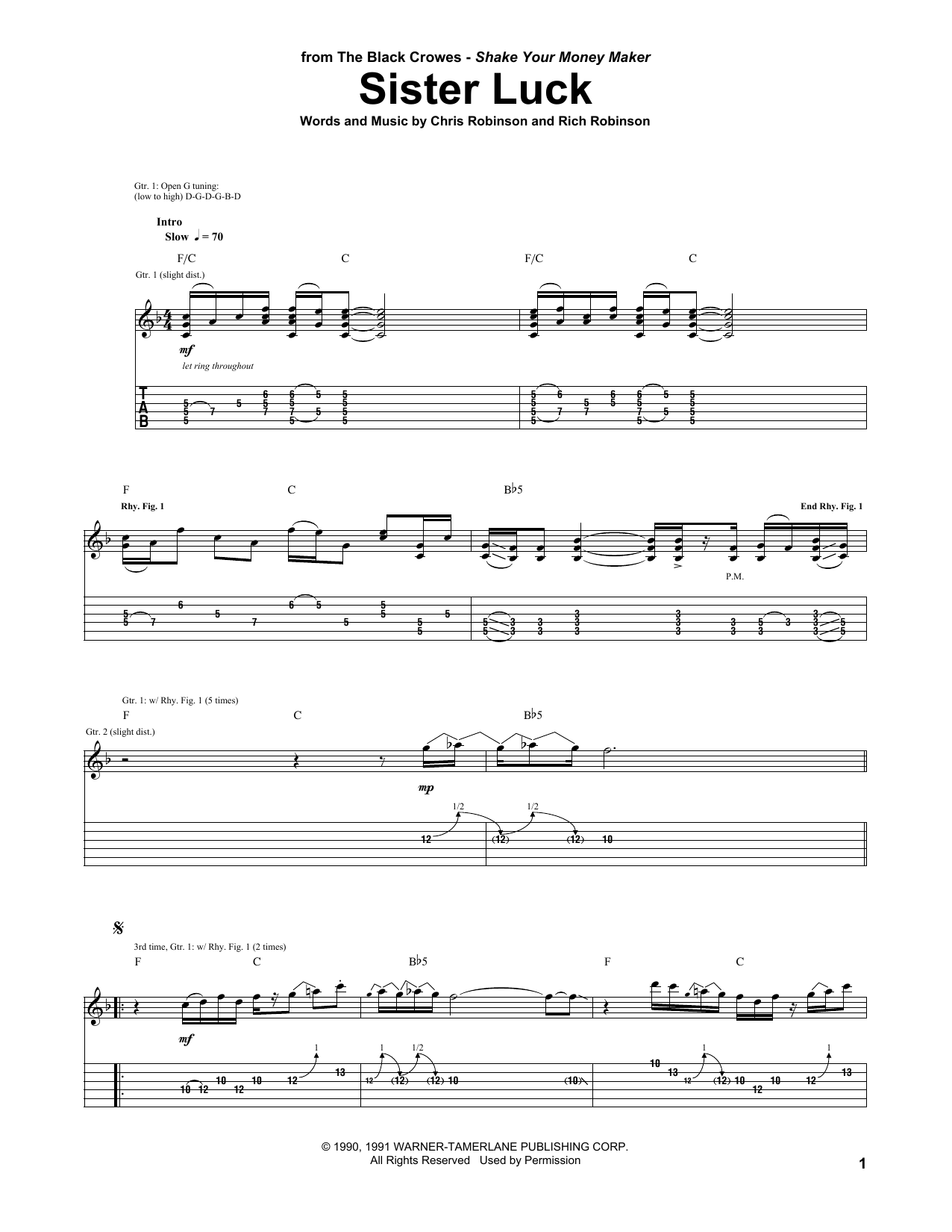 The Black Crowes Sister Luck sheet music notes and chords arranged for Guitar Tab