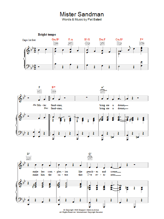 The Chordettes Mister Sandman sheet music notes and chords arranged for Piano, Vocal & Guitar Chords (Right-Hand Melody)