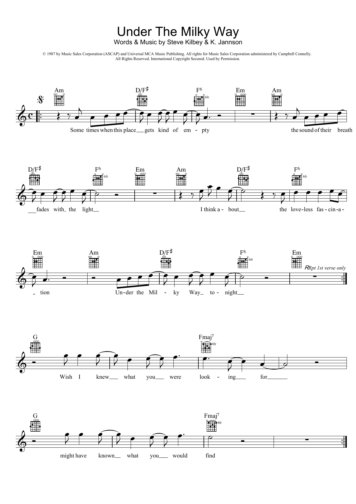 The Church Under The Milky Way sheet music notes and chords arranged for Ukulele Chords/Lyrics