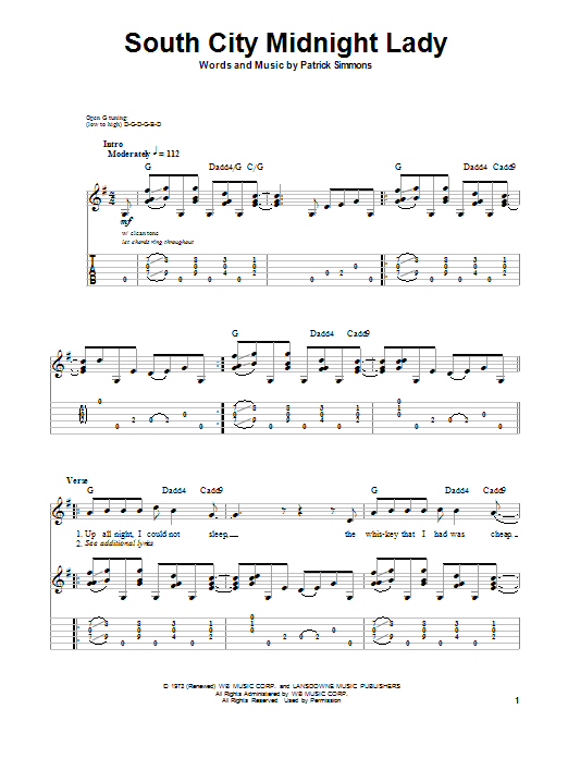 The Doobie Brothers South City Midnight Lady sheet music notes and chords arranged for Guitar Tab (Single Guitar)