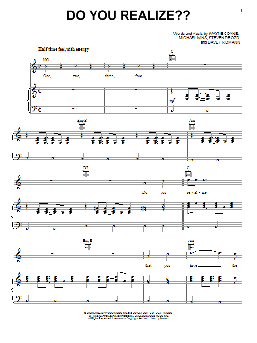 The Flaming Lips Do You Realize?? sheet music notes and chords arranged for Piano, Vocal & Guitar Chords (Right-Hand Melody)