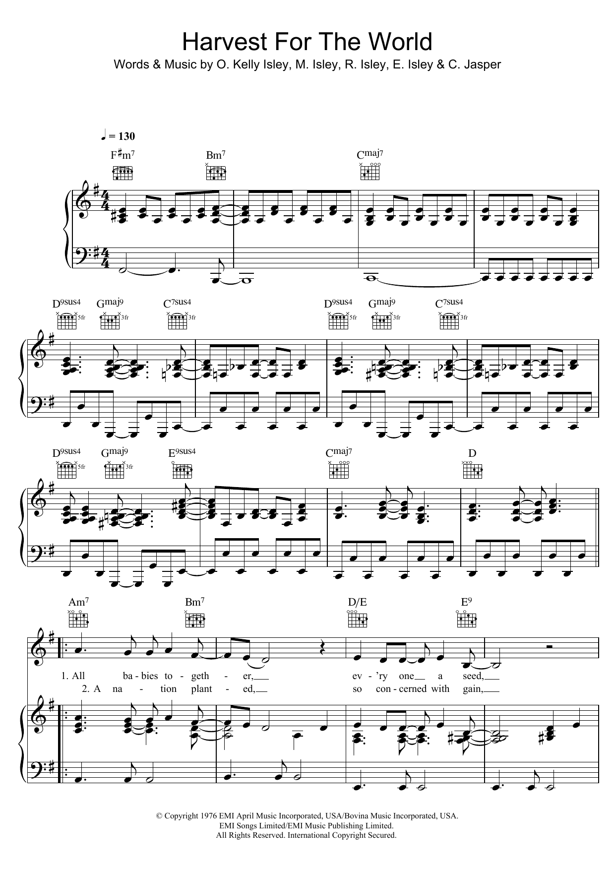 The Isley Brothers Harvest For The World sheet music notes and chords arranged for Piano, Vocal & Guitar Chords
