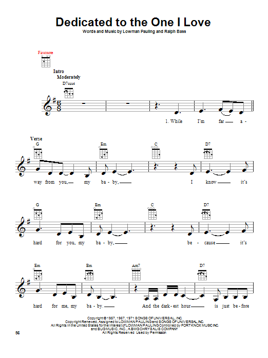 The Mamas & The Papas Dedicated To The One I Love sheet music notes and chords arranged for Ukulele