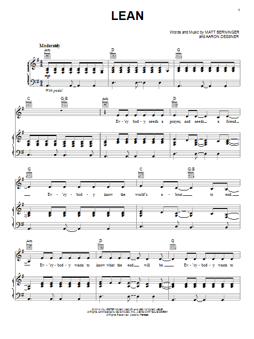The National Lean sheet music notes and chords arranged for Piano, Vocal & Guitar Chords (Right-Hand Melody)
