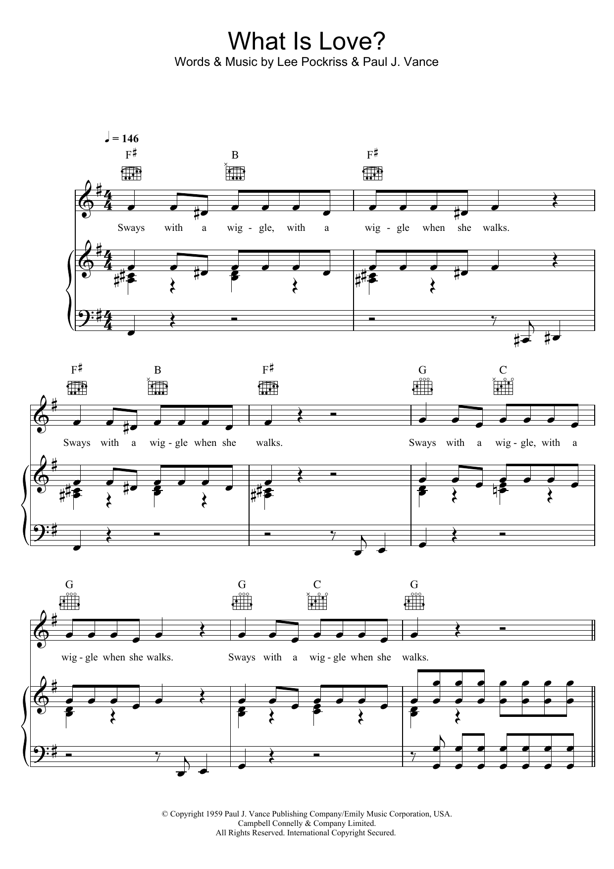 The Playmates What Is Love? sheet music notes and chords arranged for Piano, Vocal & Guitar Chords