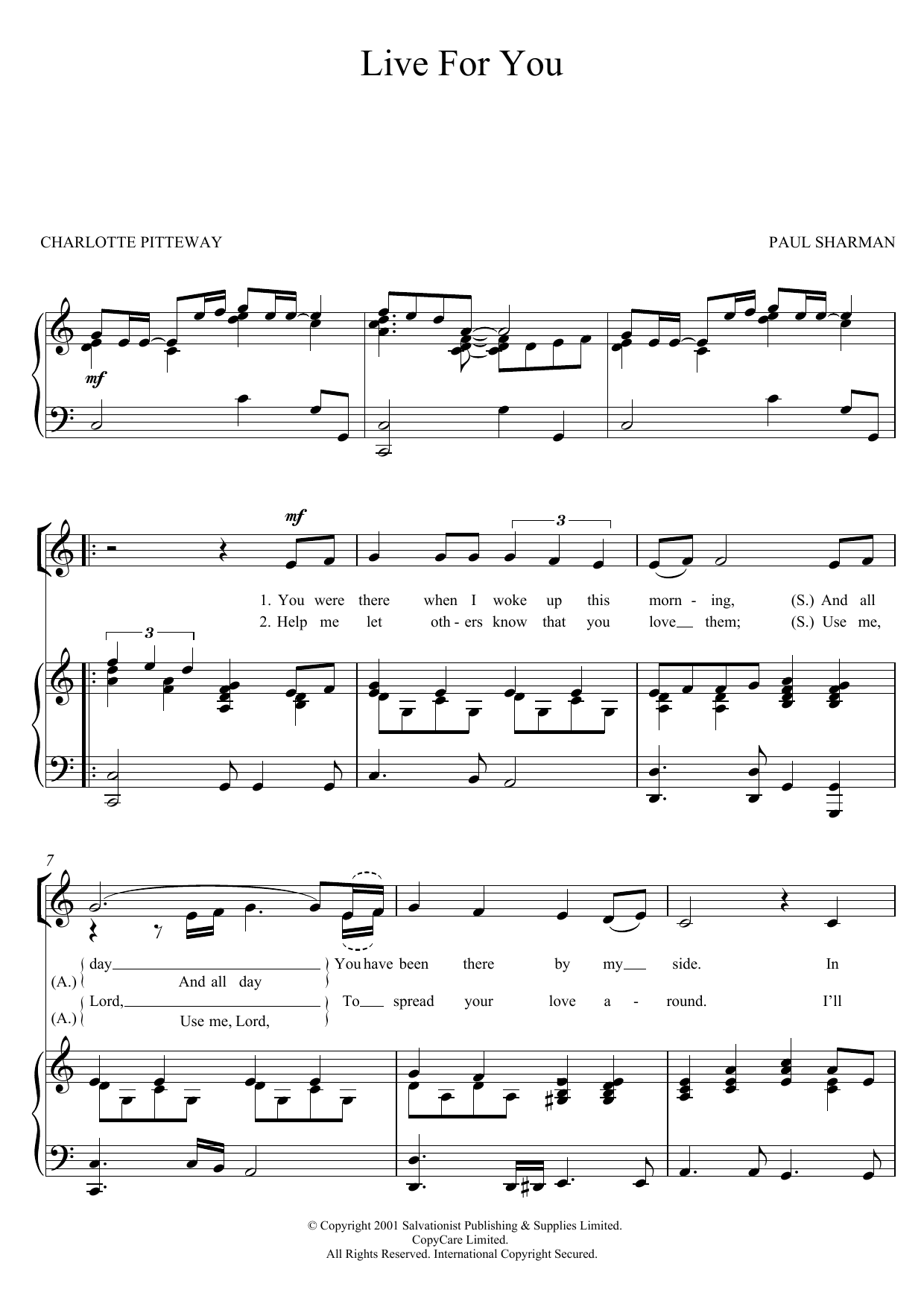 The Salvation Army Live For You sheet music notes and chords arranged for Piano, Vocal & Guitar Chords