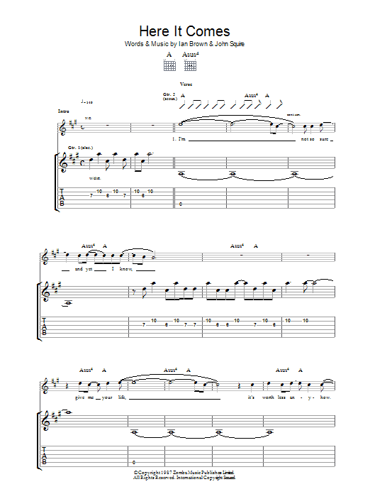 The Stone Roses Here It Comes sheet music notes and chords arranged for Guitar Chords/Lyrics