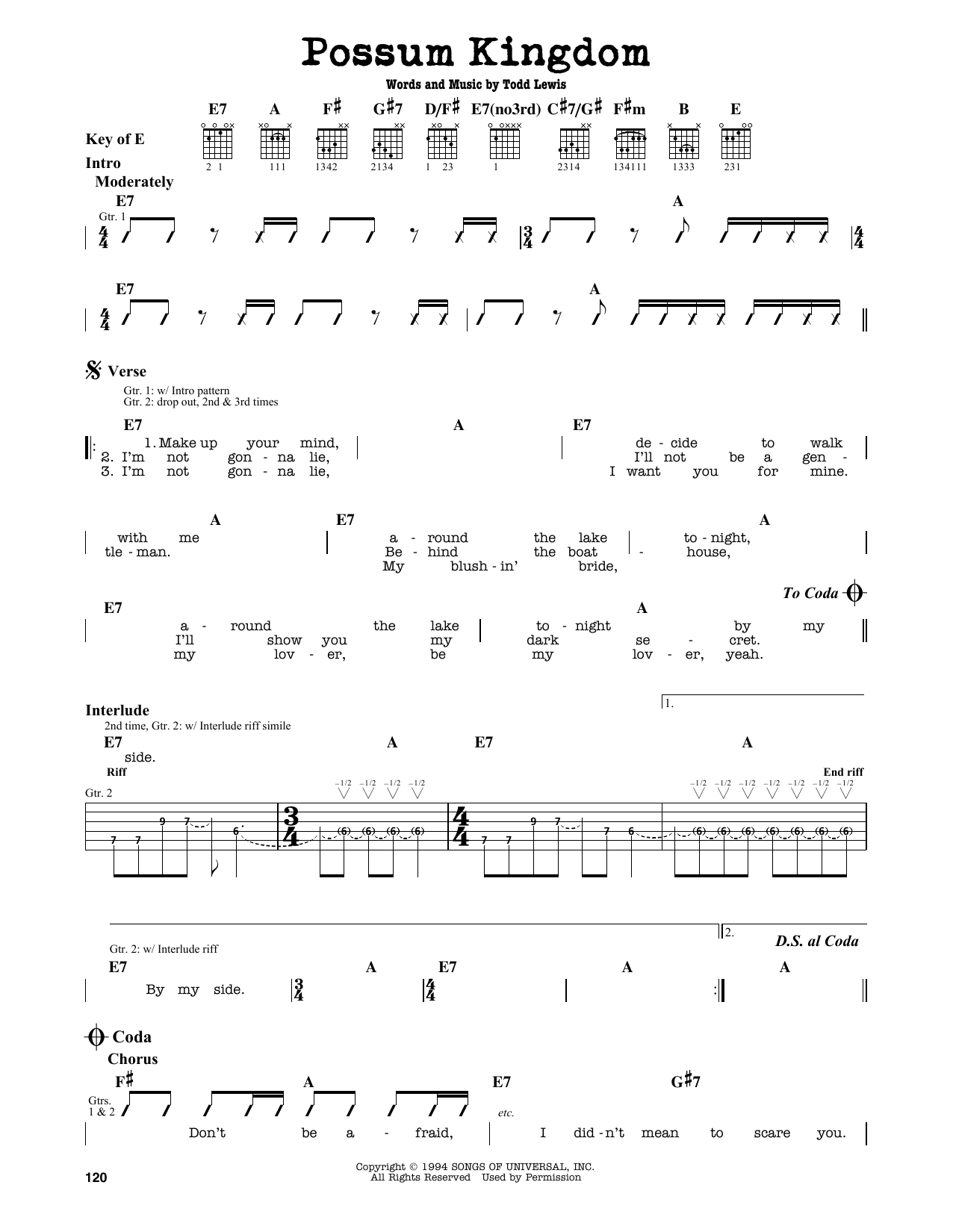 The Toadies Possum Kingdom sheet music notes and chords arranged for Guitar Lead Sheet