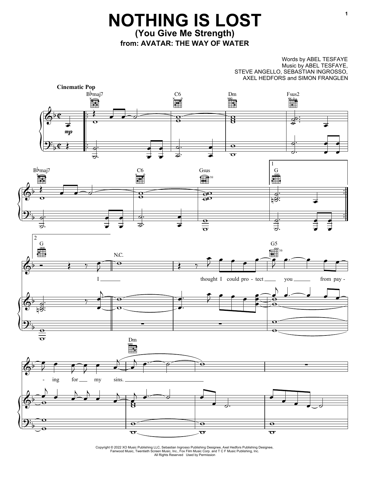 The Weeknd Nothing Is Lost (You Give Me Strength) (from Avatar: The Way Of Water) sheet music notes and chords arranged for Piano, Vocal & Guitar Chords (Right-Hand Melody)