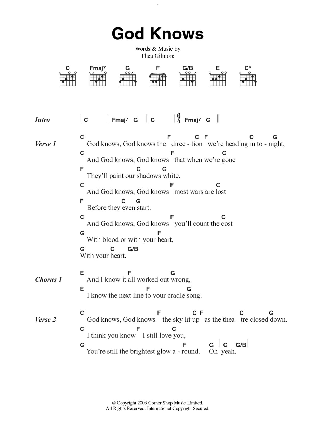 Thea Gilmore God Knows sheet music notes and chords arranged for Guitar Chords/Lyrics