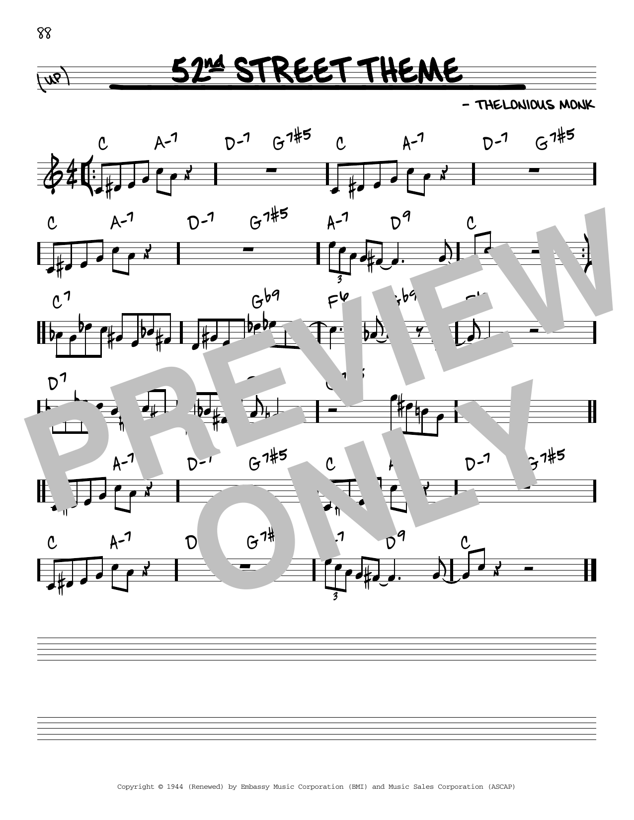 Thelonious Monk 52nd Street Theme sheet music notes and chords arranged for Real Book – Melody & Chords – C Instruments