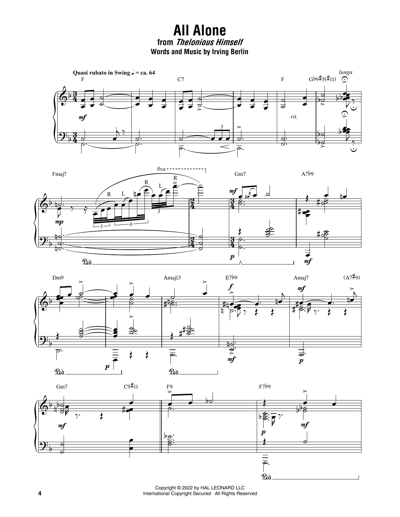 Thelonious Monk All Alone sheet music notes and chords arranged for Piano Transcription