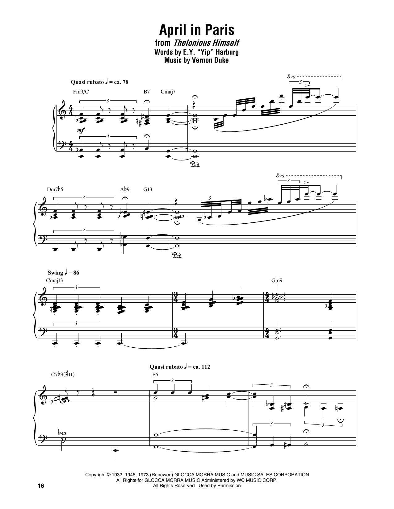 Thelonious Monk April In Paris sheet music notes and chords arranged for Piano Transcription