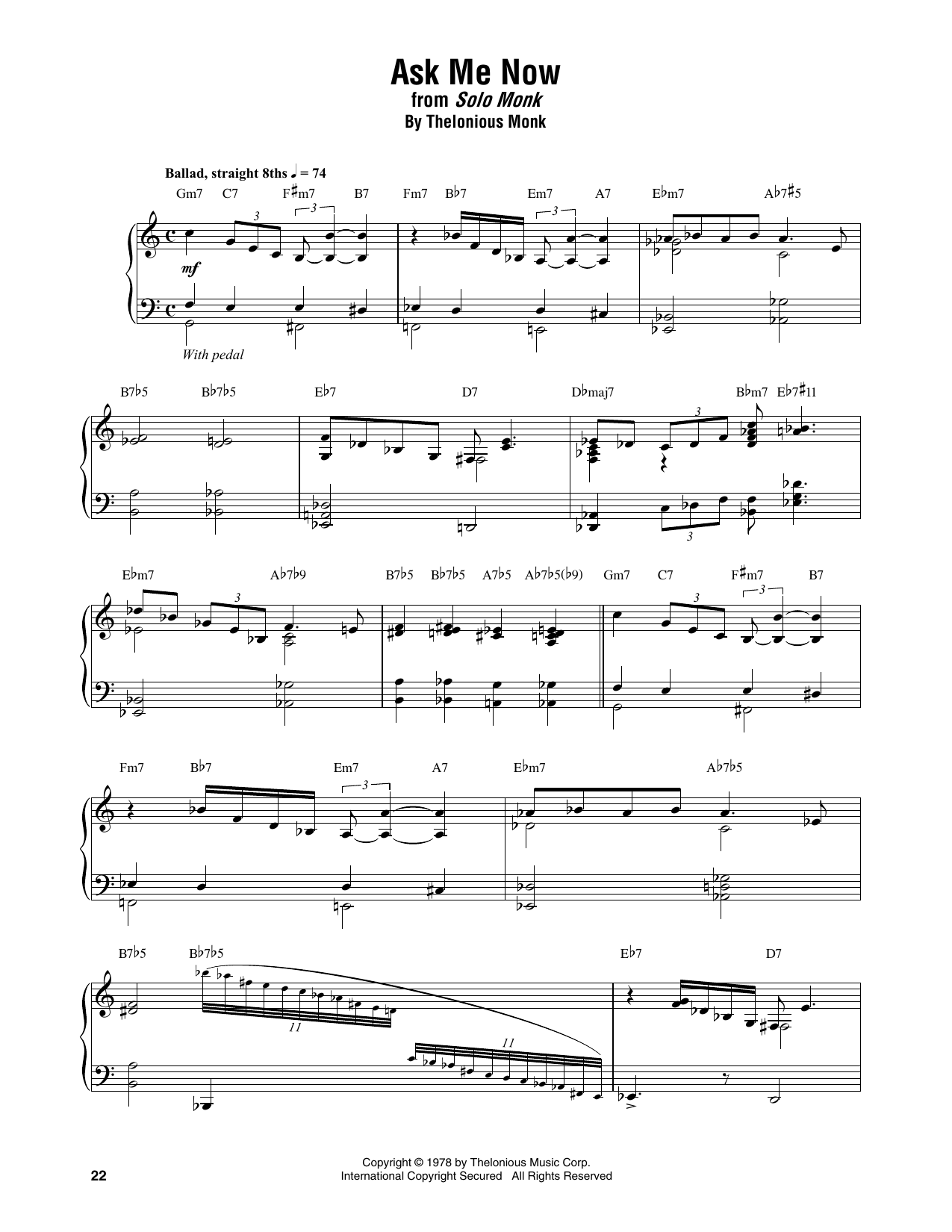 Thelonious Monk Ask Me Now sheet music notes and chords arranged for Piano Transcription