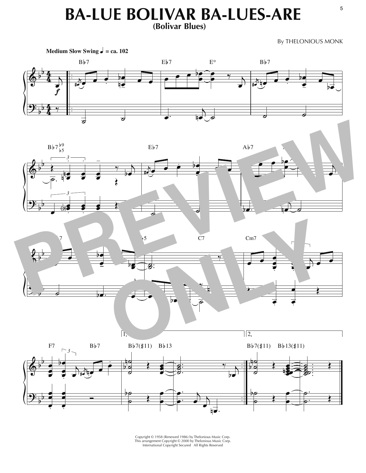 Thelonious Monk Ba-Lue Bolivar Ba-Lues-Are (Bolivar Blues) (arr. Ronnie Mathews) sheet music notes and chords arranged for Piano Solo