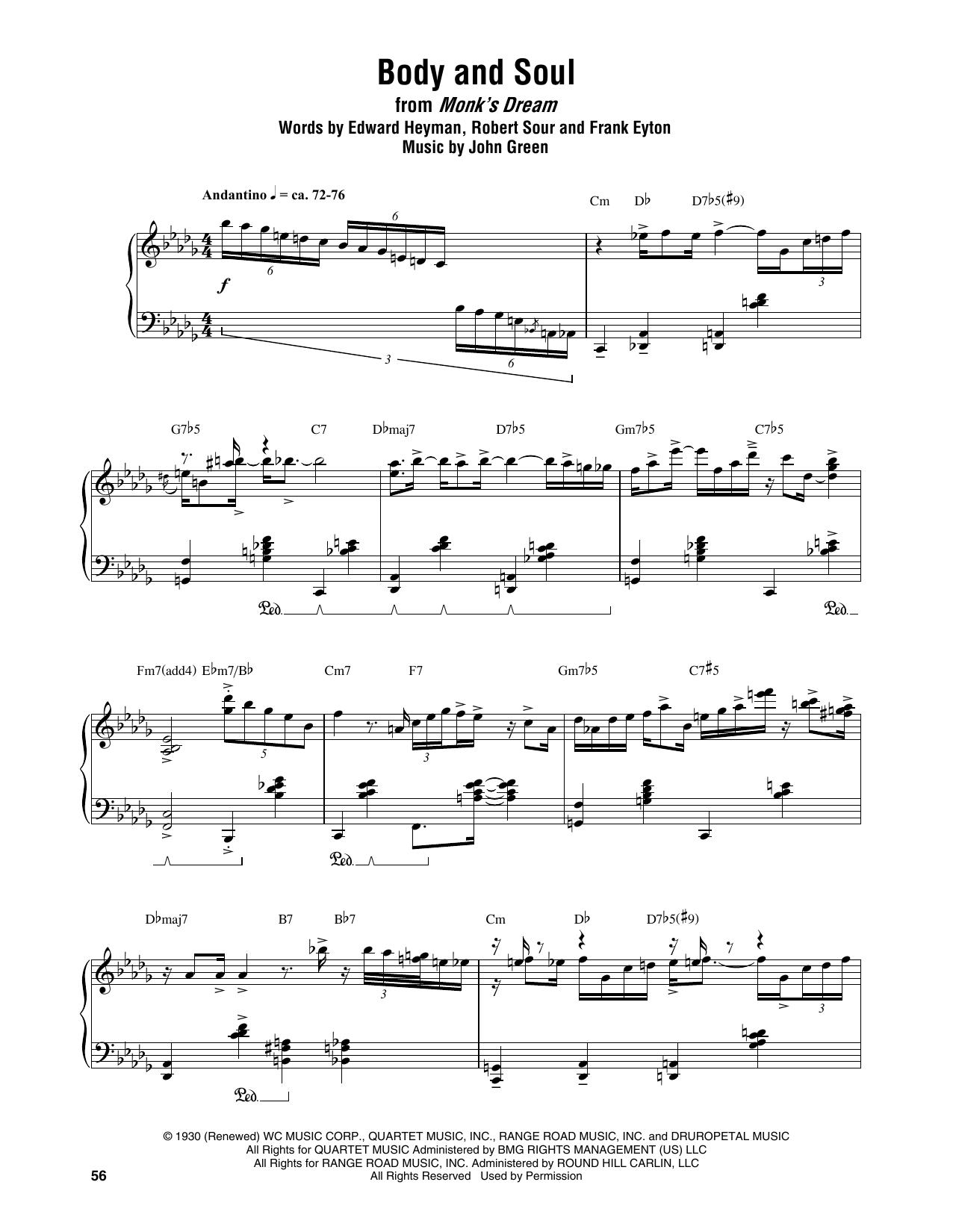 Thelonious Monk Body And Soul sheet music notes and chords arranged for Piano Transcription