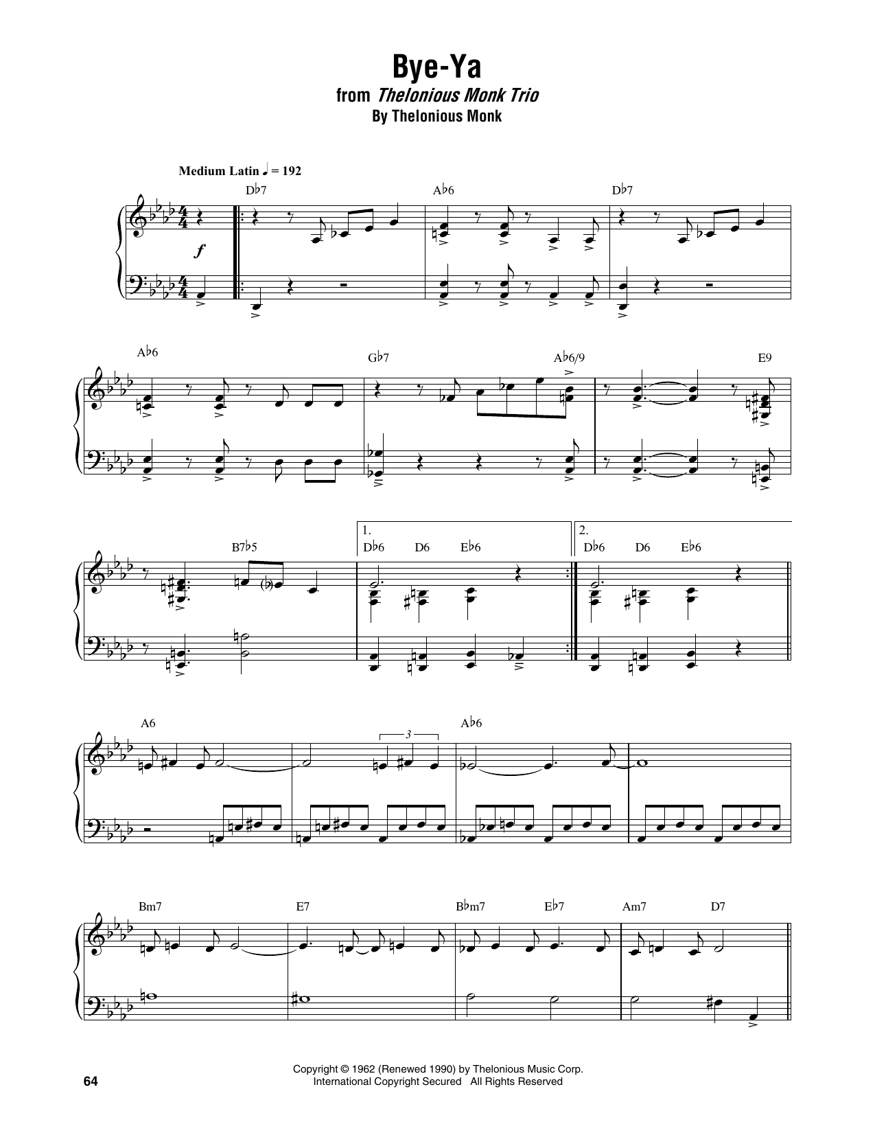 Thelonious Monk Bye-Ya sheet music notes and chords arranged for Piano Transcription