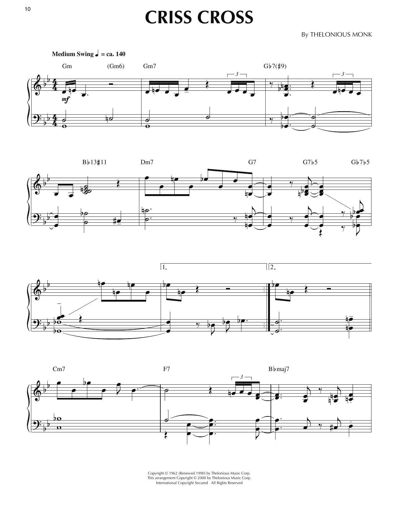 Thelonious Monk Criss Cross (arr. Ronnie Mathews) sheet music notes and chords arranged for Piano Solo