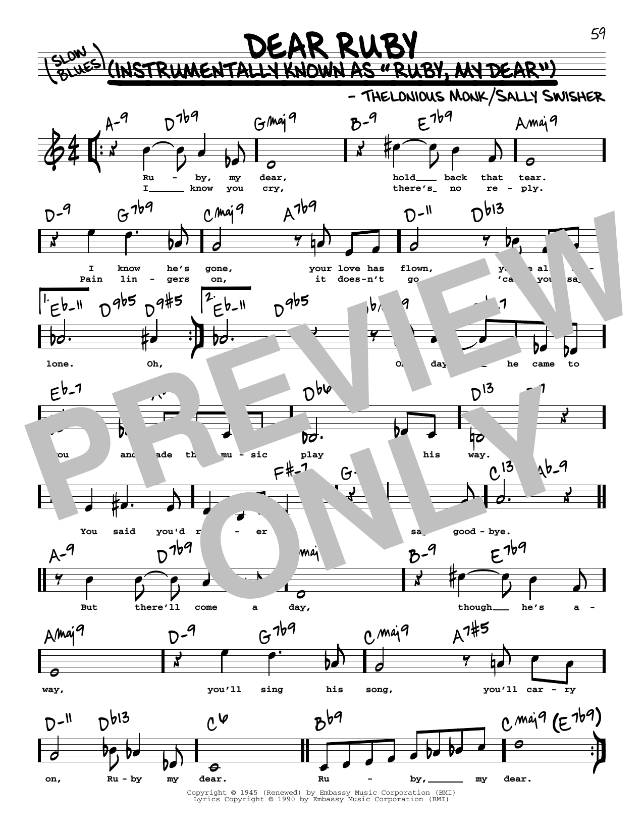 Thelonious Monk Dear Ruby (High Voice) sheet music notes and chords arranged for Real Book – Melody, Lyrics & Chords