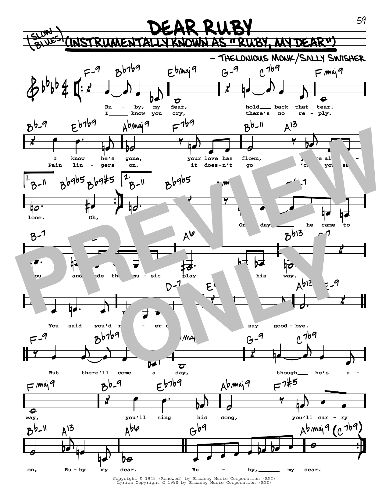 Thelonious Monk Dear Ruby (Low Voice) sheet music notes and chords arranged for Real Book – Melody, Lyrics & Chords
