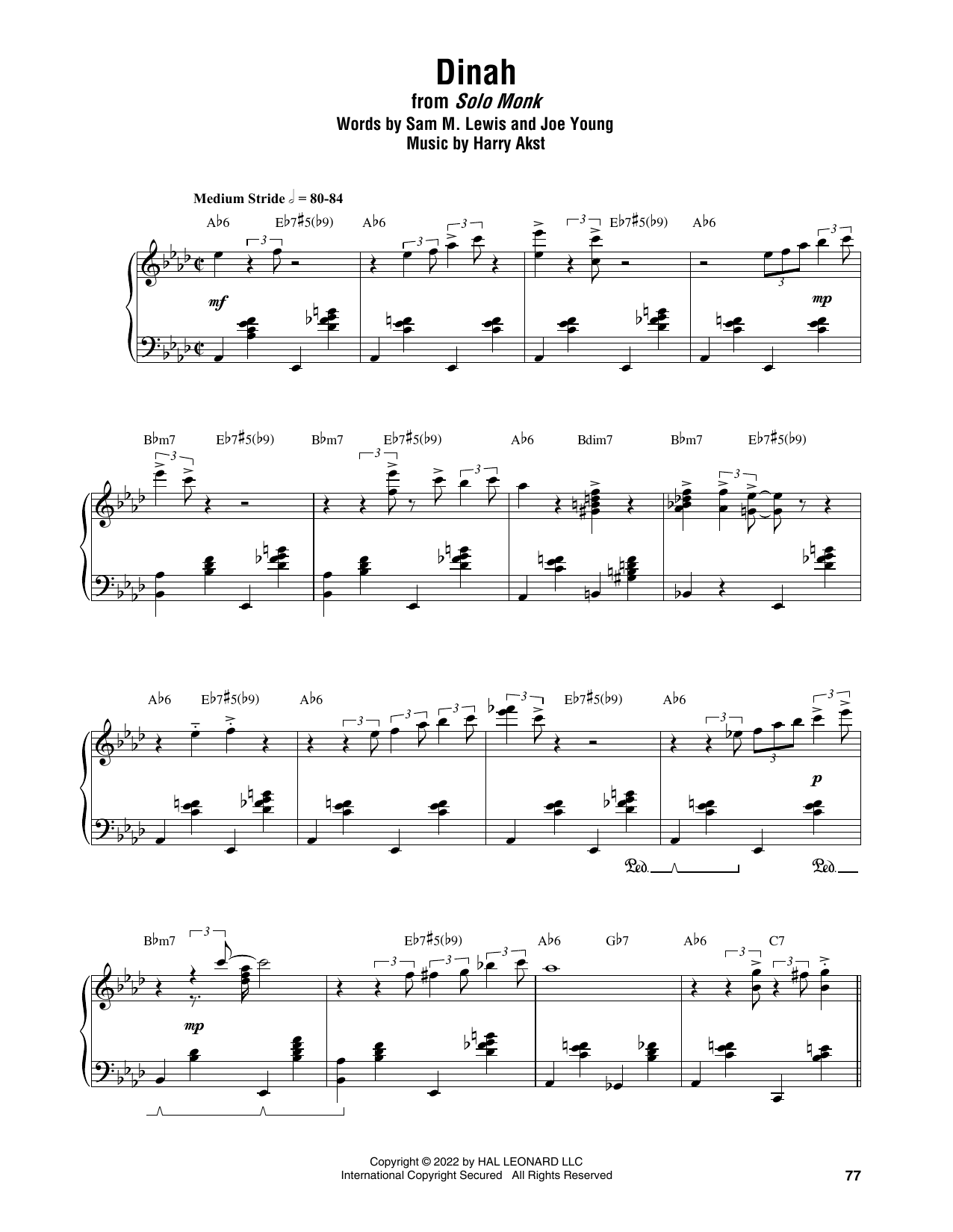 Thelonious Monk Dinah sheet music notes and chords arranged for Piano Transcription